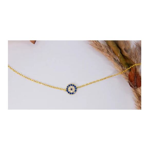 18k Gold Plated Sterling Silver Evil Eye Bracelet: Blue & White Zirconia - Picture 4 of 4